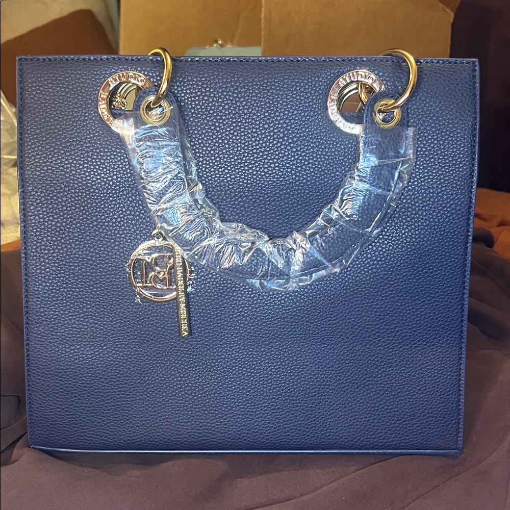 Badgley Mischka Navy Blue Structured Tote with Gold Hardware